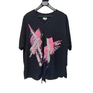 Vtg Risa Ann Black Silver Sparkle Short Sleeve Crepe Plus Top Women 24 1/2